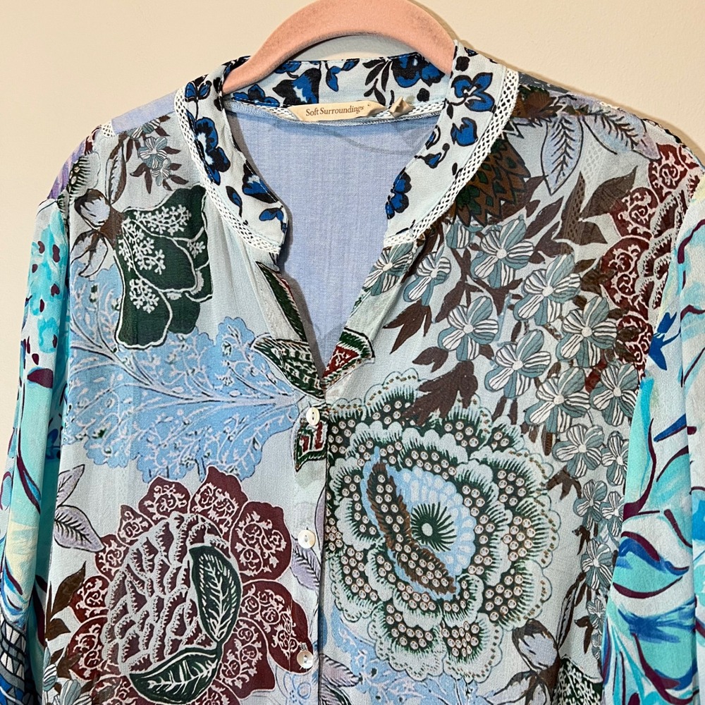 Soft Surroundings Mixed Floral Peplum Blouse Blue Multi Lace Trim Large - Picture 2 of 12